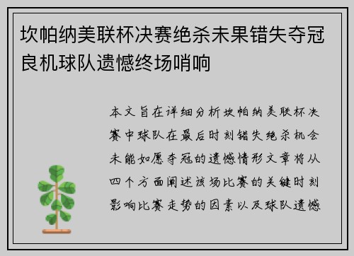 坎帕纳美联杯决赛绝杀未果错失夺冠良机球队遗憾终场哨响